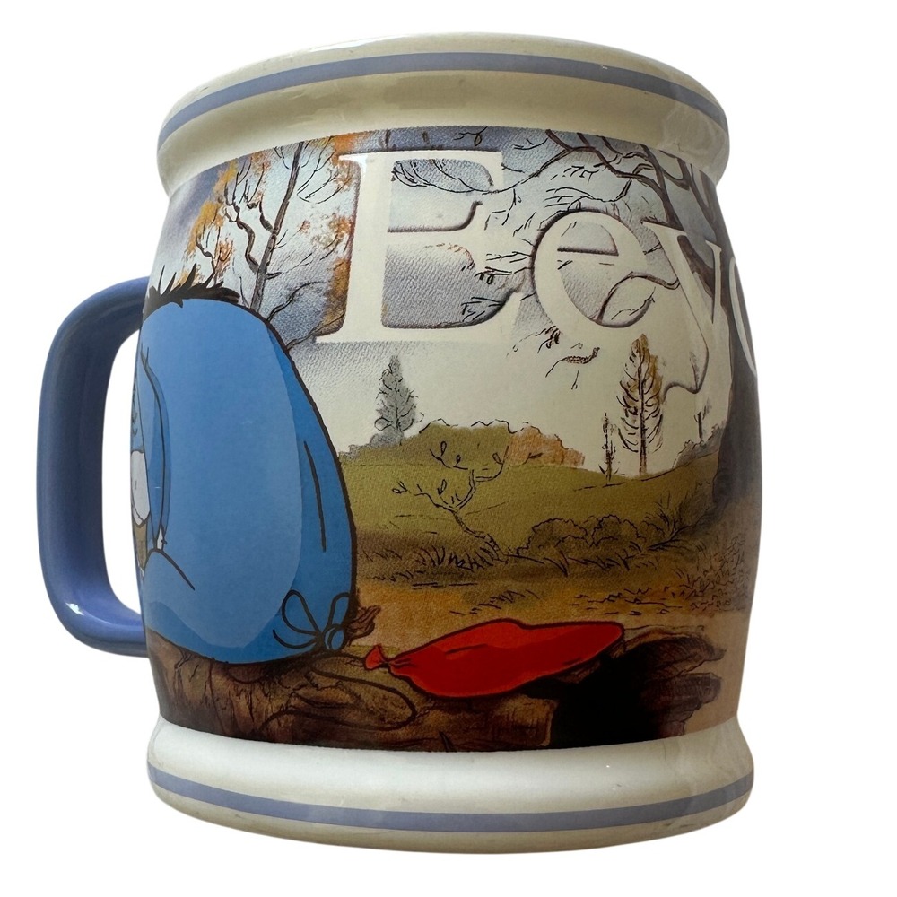 Disney Store Eeyore Winnie the Pooh Ceramic Coffee Mug Blue Quote Barrel Shape